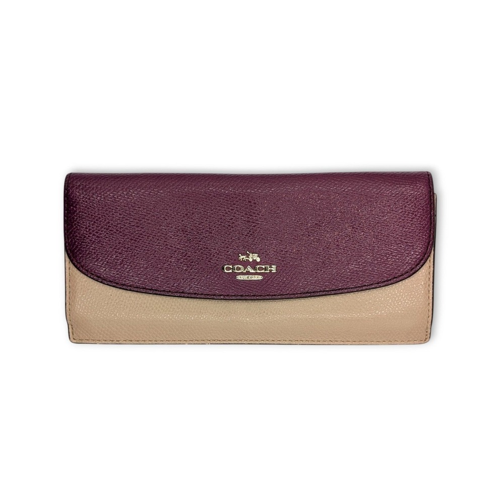 Coach Slim Envelope Long Wallet Burgundy Purple Beige Colorblock Pebble Leather